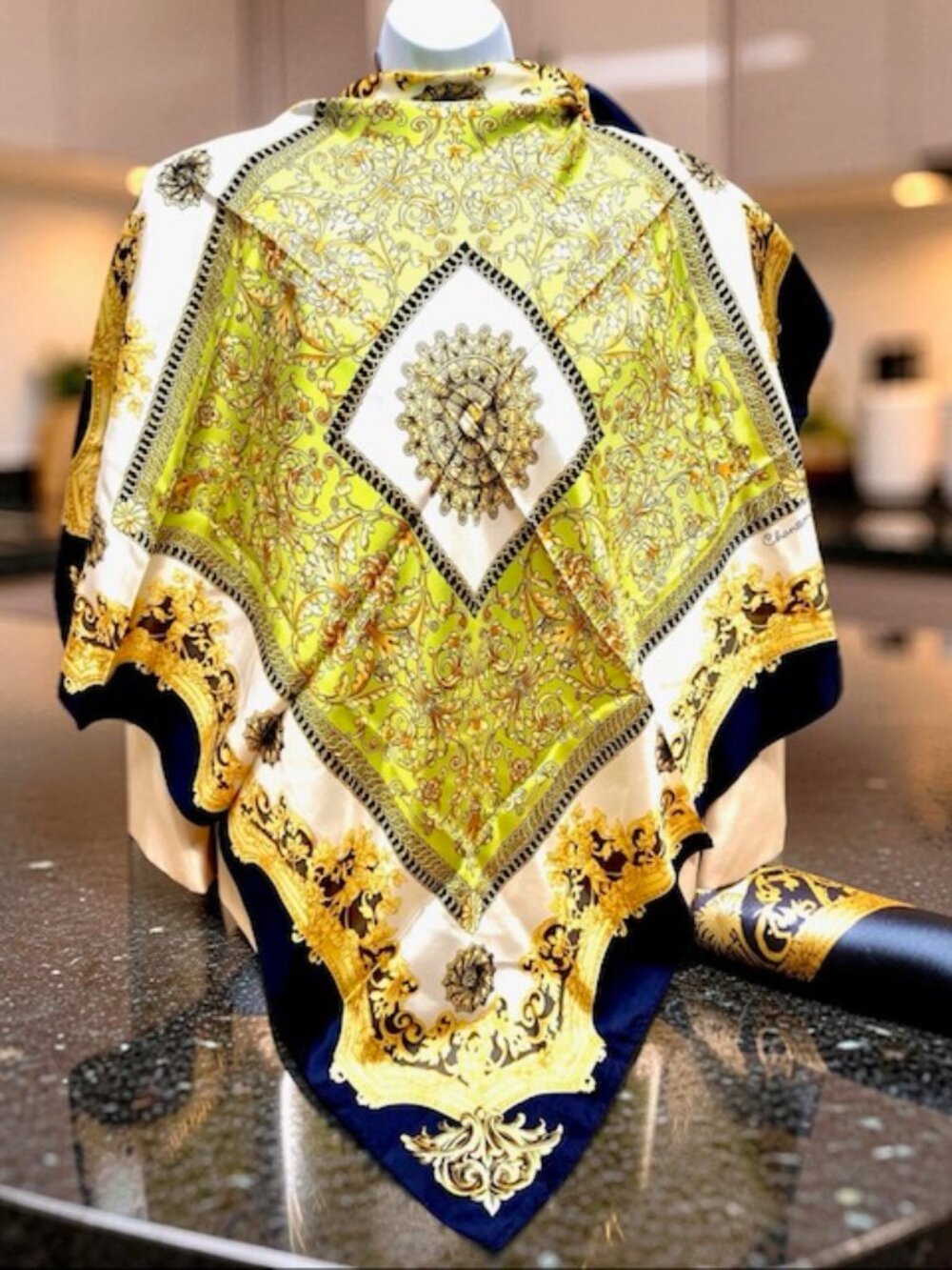 Soft Silk Scarf Chanson Similar to Hemes beige back green Gold Mint arts 35"(17 - Picture 1 of 10